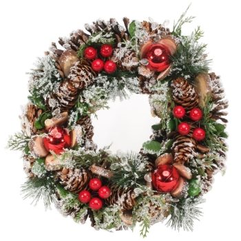 30cm Snowy Red Bauble/Clear Beads Wreath 