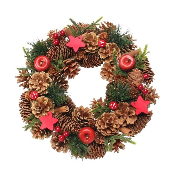 30cm Woodland Natural Wreath + Red Stars