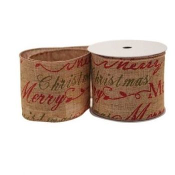 Ribbon Wire Edged Natural Merry Christmas (63mm x 10 yards)