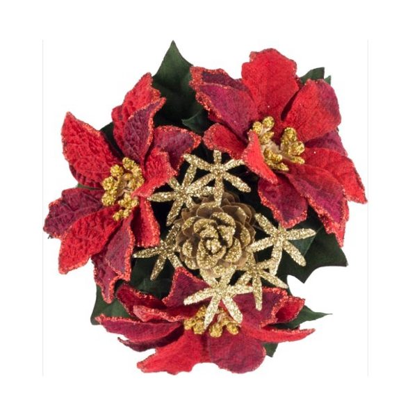 Christmas Pick Glitter Velvet Poinsettia Cone & Grass